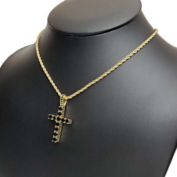 22" Womens 2ct Black Onyx 14K Gold Braided Rope Chain Cross Pendant Necklace NEW - Picture 5 of 7